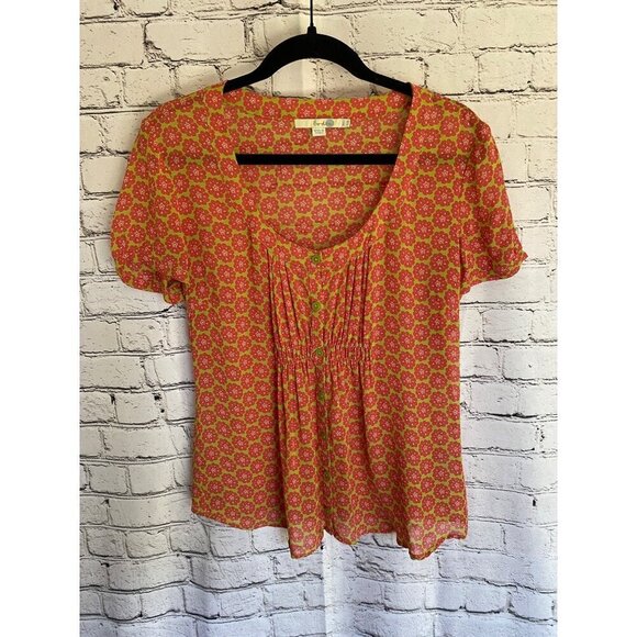 Boden Pink And Yellow Stylized Floral Pleat Front Puffed Sleeve Blouse 8 - Picture 1 of 5
